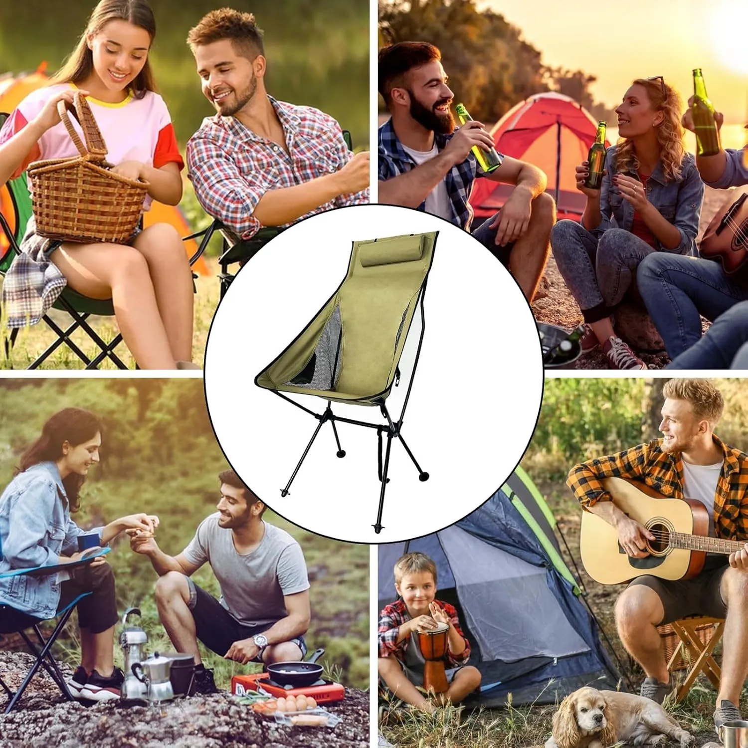 Ergonomic Camping Chair, Outdoor Folding Moon Chair with Headrest Side Pocket Aluminum Alloy Frame Collapsible Chair for Camping Backpacking Hiking Army Green