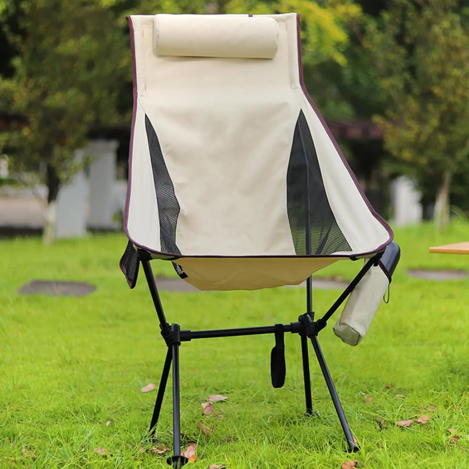 Ergonomic Camping Chair, Outdoor Folding Moon Chair with Headrest Side Pocket Aluminum Alloy Frame Collapsible Chair for Camping Backpacking Hiking Army Green