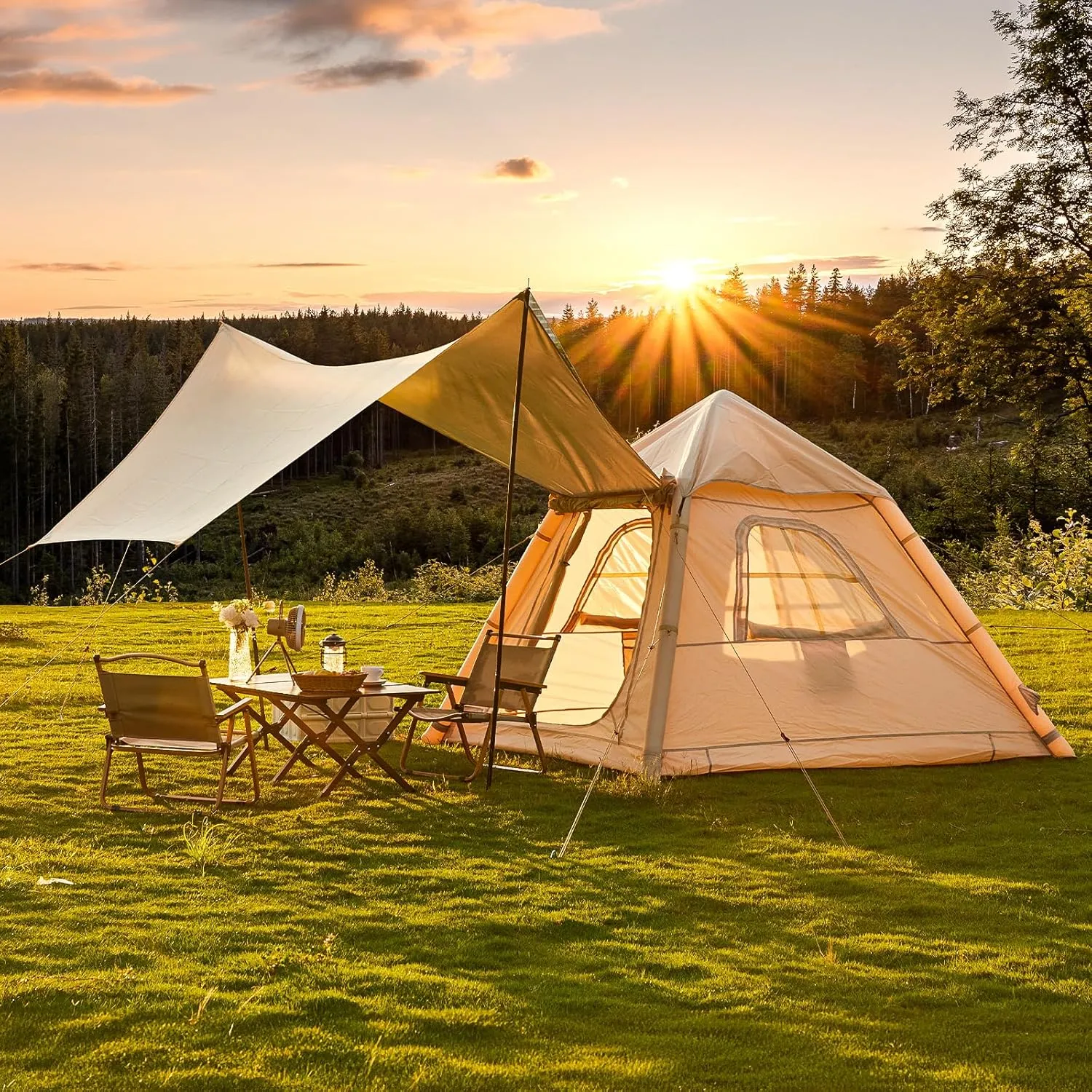 EROMMY Inflatable Camping Tent with Extended Canopy, Easy Set-up 4 Season Air Tents with Inflator for 2-4 Persons