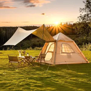 EROMMY Inflatable Camping Tent with Extended Canopy, Easy Set-up 4 Season Air Tents with Inflator for 2-4 Persons