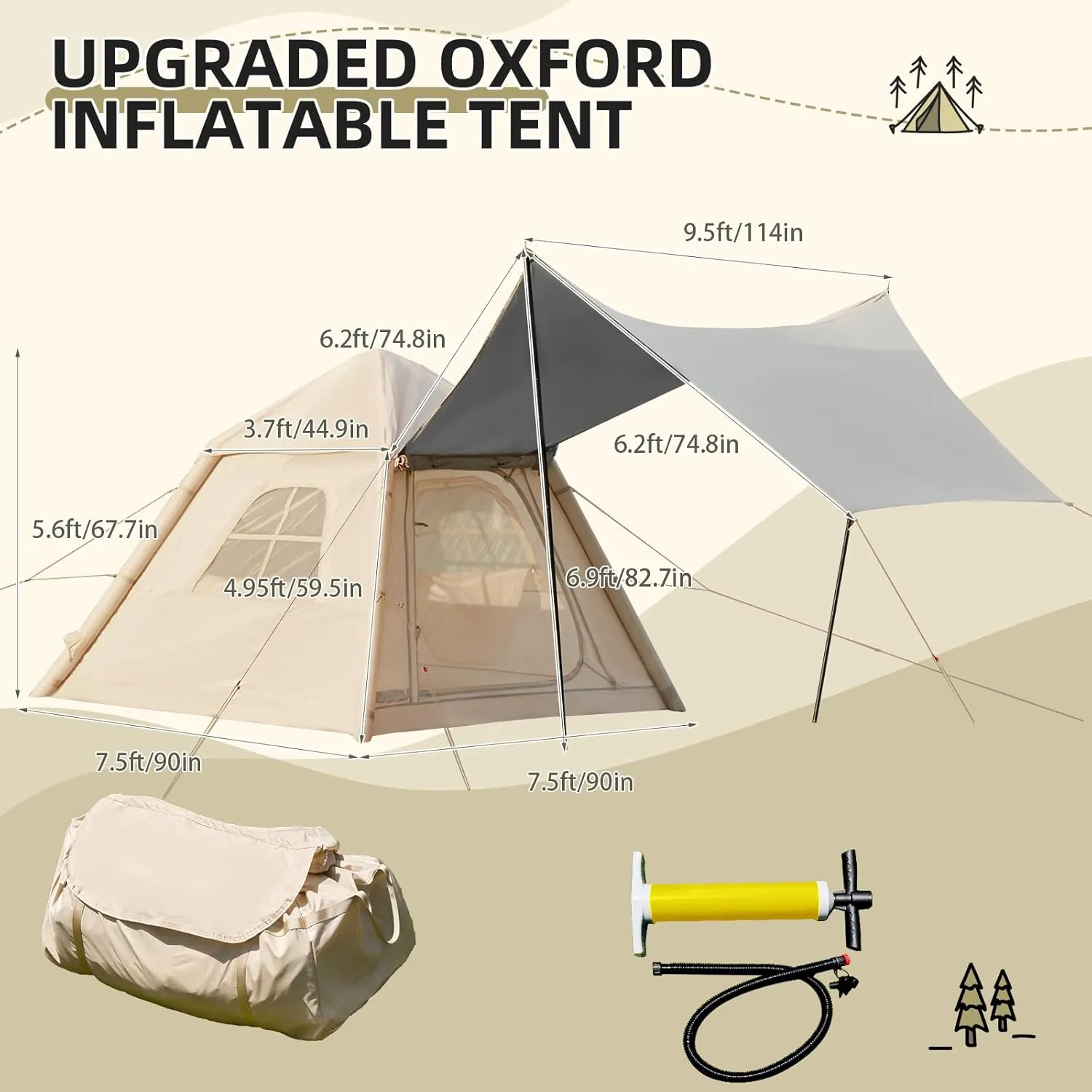 EROMMY Inflatable Camping Tent with Extended Canopy, Easy Set-up 4 Season Air Tents with Inflator for 2-4 Persons