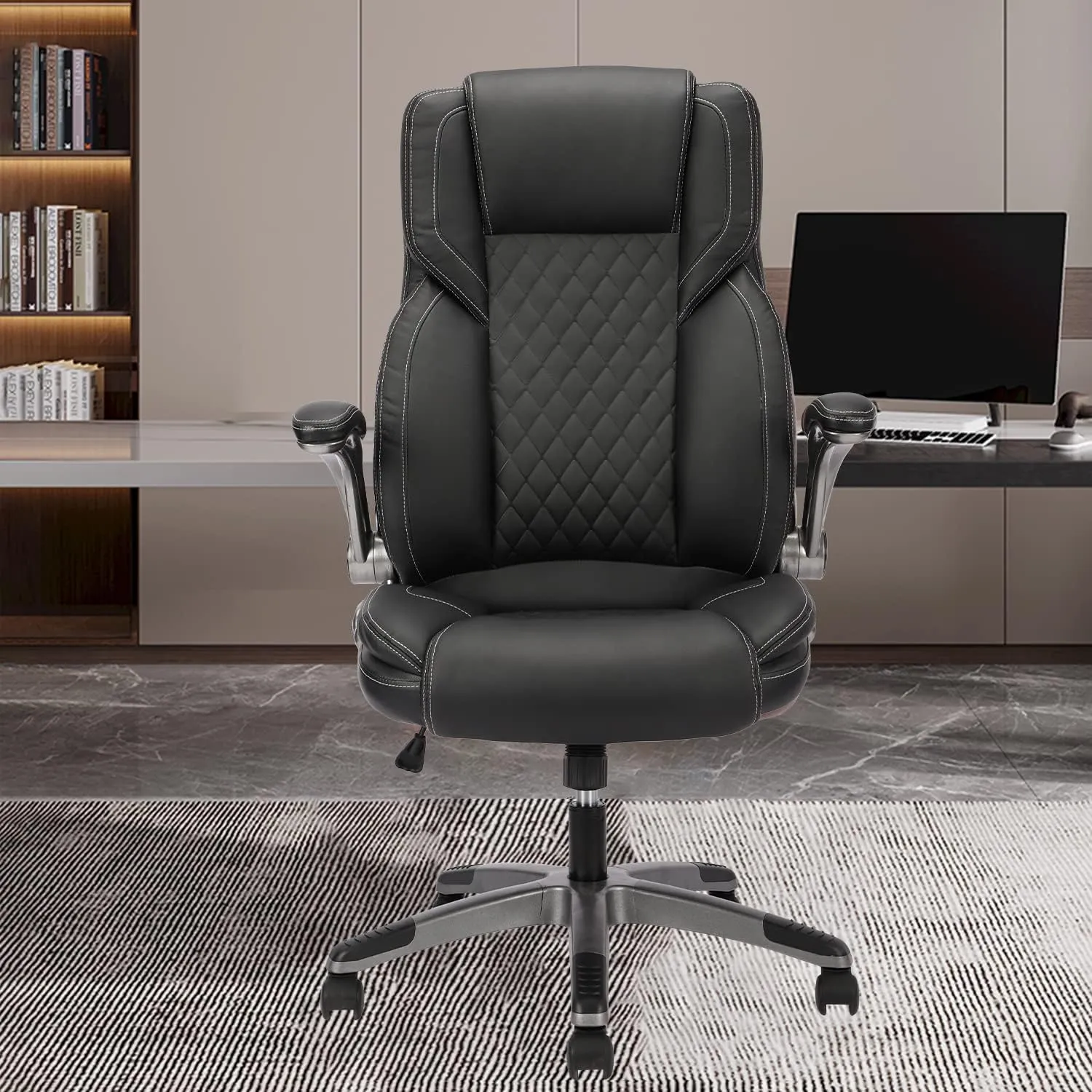 Executive Office Chair with Wheels, Ergonomic PU Leather Lumbar Support Office Chairs, 90-120° Rocking High Back Home Desk Chair with Flip up Arms, Back Support Swivel Chair(Black)
