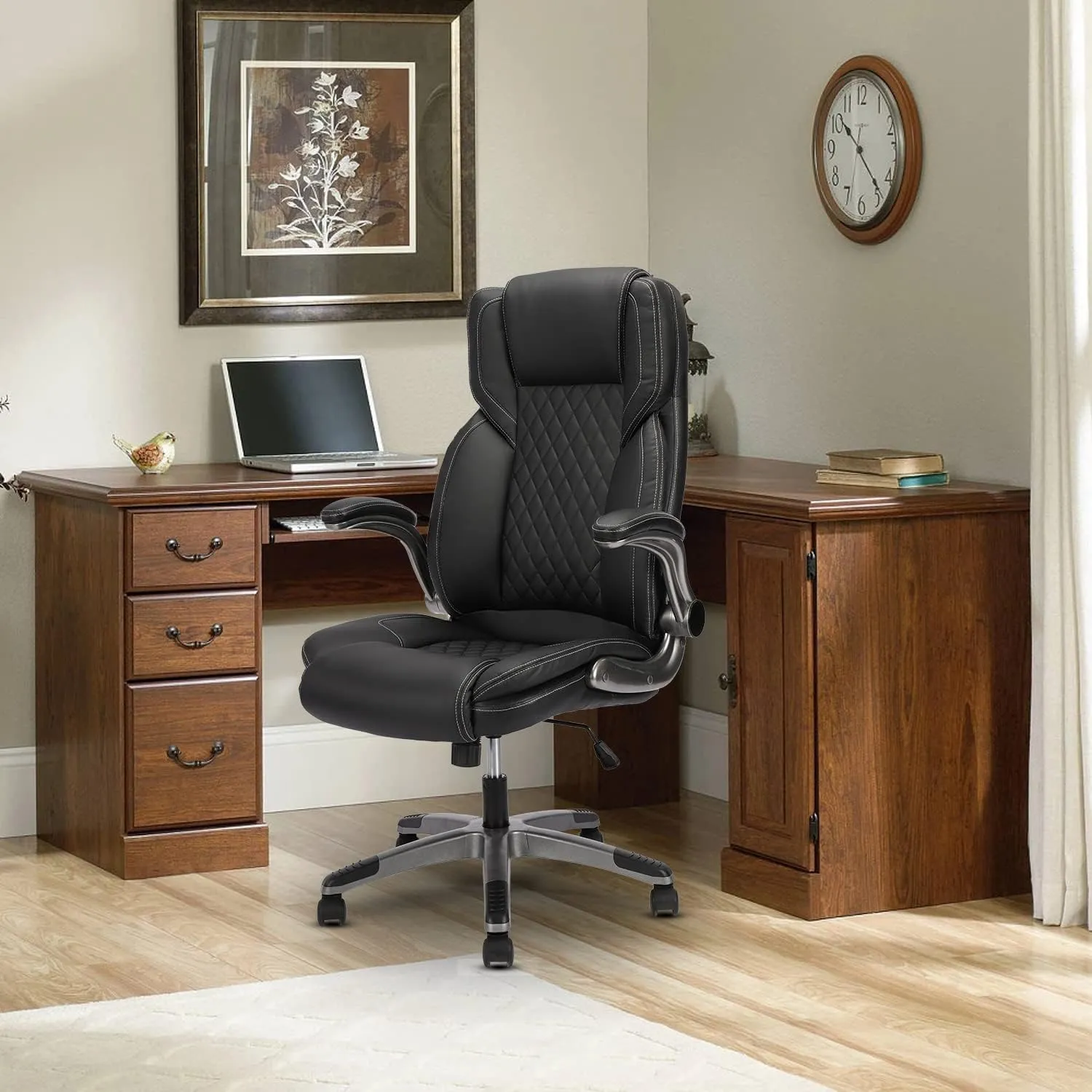 Executive Office Chair with Wheels, Ergonomic PU Leather Lumbar Support Office Chairs, 90-120° Rocking High Back Home Desk Chair with Flip up Arms, Back Support Swivel Chair(Black)