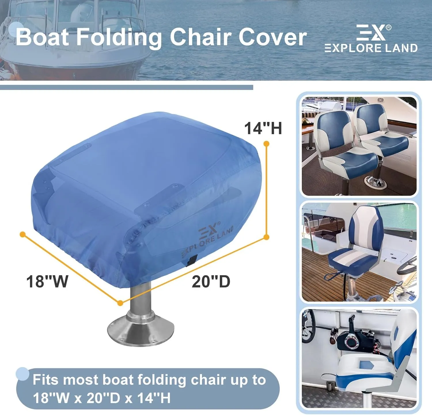 Explore Land Boat Folding Seat Cover - Waterproof 600D Heavy Duty Boat Folding Chair Cover - 18W x 20D x 14H inch, Blue