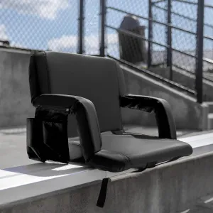 Extra Wide Lightweight Reclining Stadium Chair - Black Padded Armrests, Back & Seat - Storage Pockets - Backpack Straps - Rear Zippered Compartment