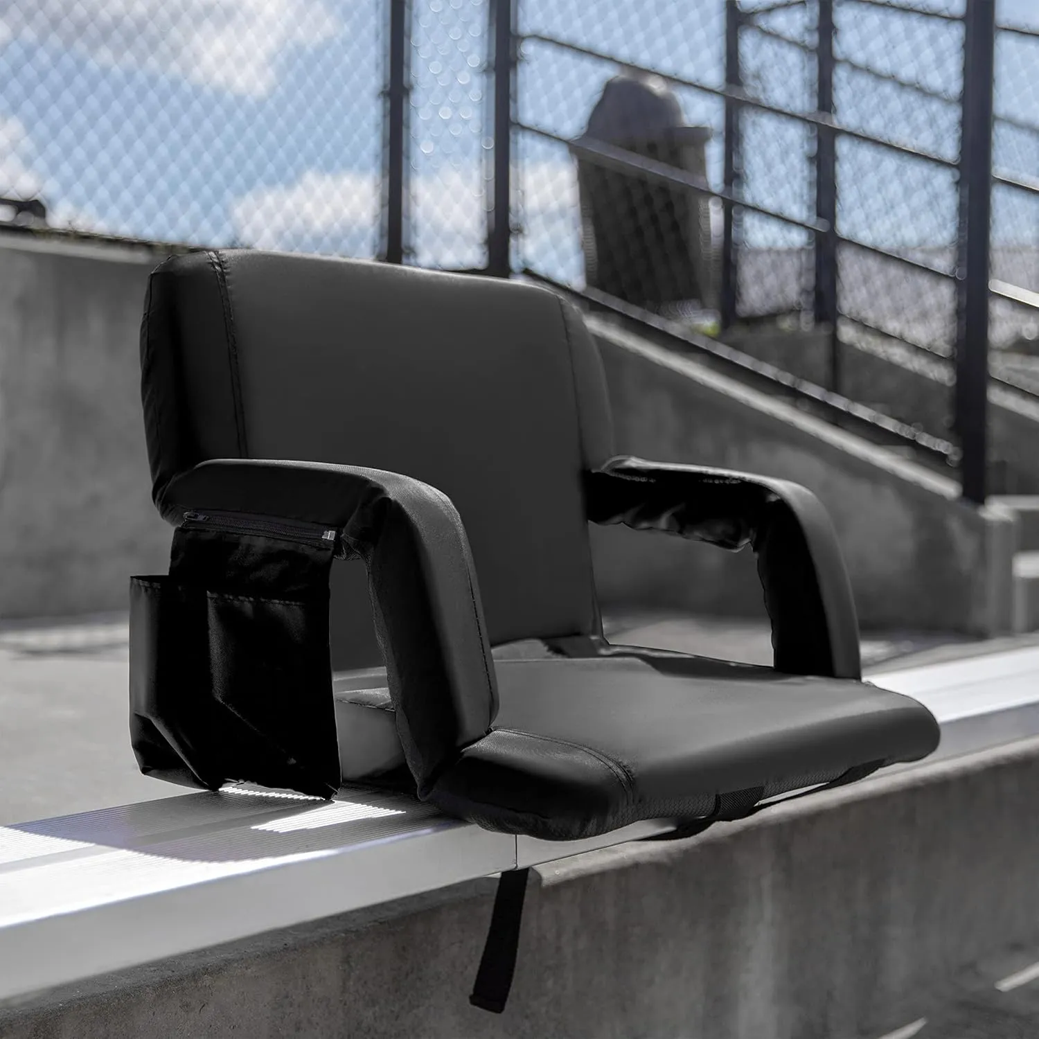 Extra Wide Lightweight Reclining Stadium Chair - Black Padded Armrests, Back & Seat - Storage Pockets - Backpack Straps - Rear Zippered Compartment