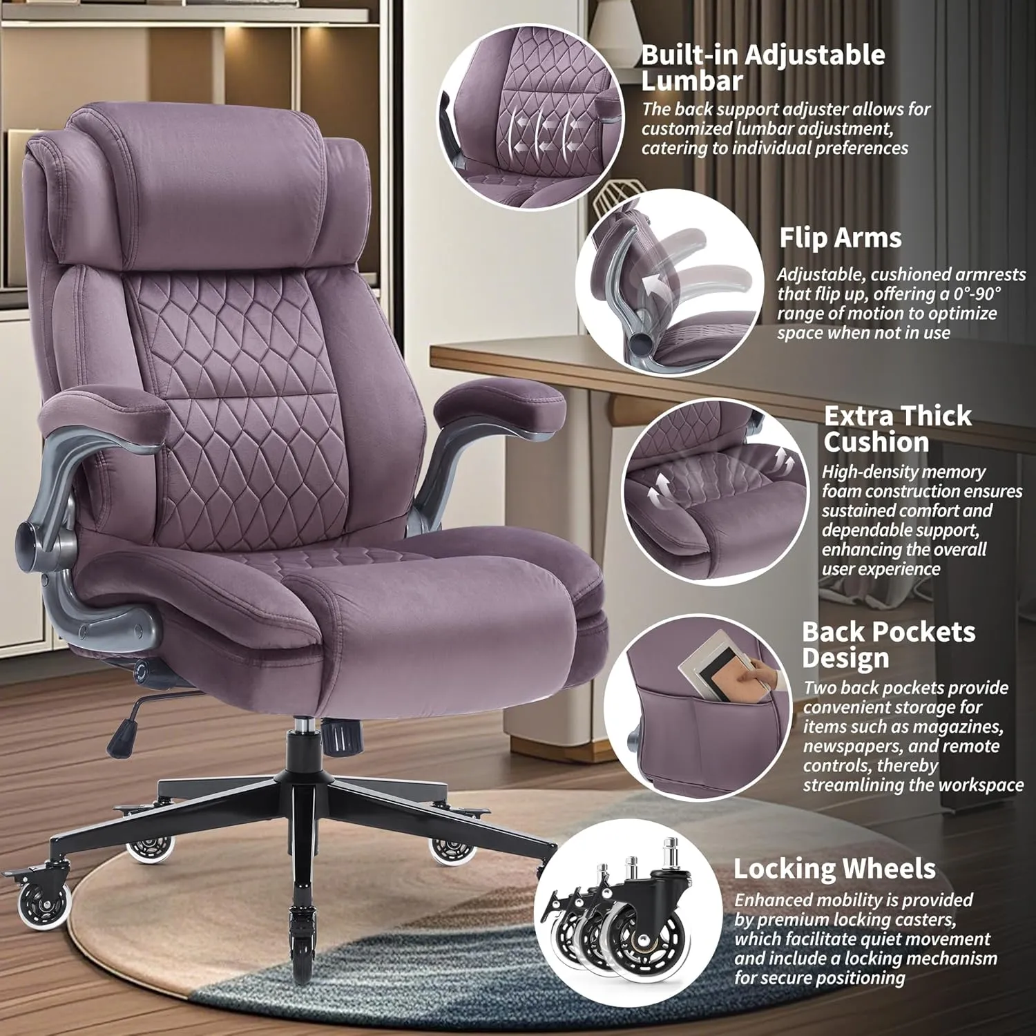 Fabric High Back Office Chair 400lbs-Adjustable Built-in Lumbar Support，Flip Arms, Locking Wheels-Ergonomic Computer Desk Chair with Heavy Duty Base，Thick Padded Large Work Chairs for Adults Men Women