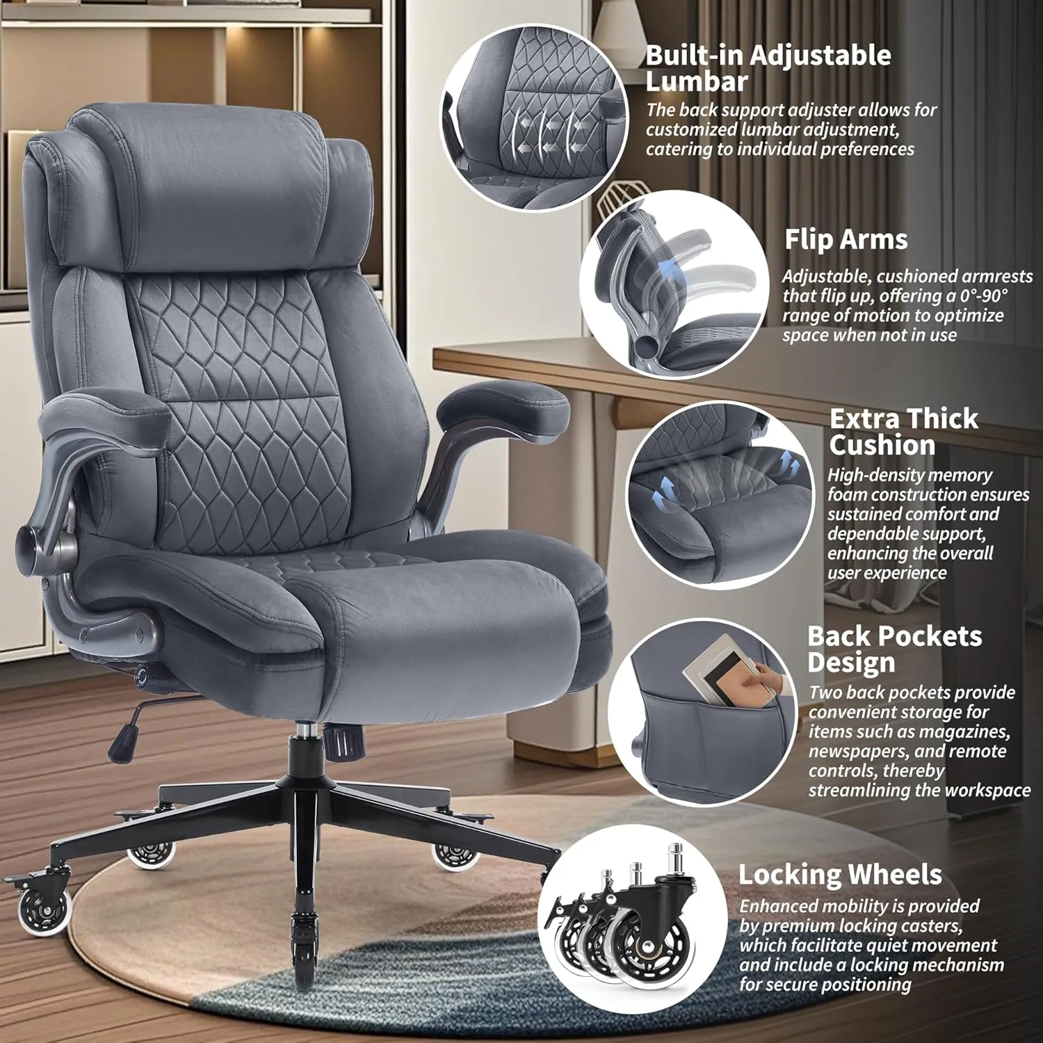 Fabric High Back Office Chair 400lbs-Adjustable Built-in Lumbar Support，Flip Arms, Locking Wheels-Ergonomic Computer Desk Chair with Heavy Duty Base，Thick Padded Large Work Chairs for Adults Men Women