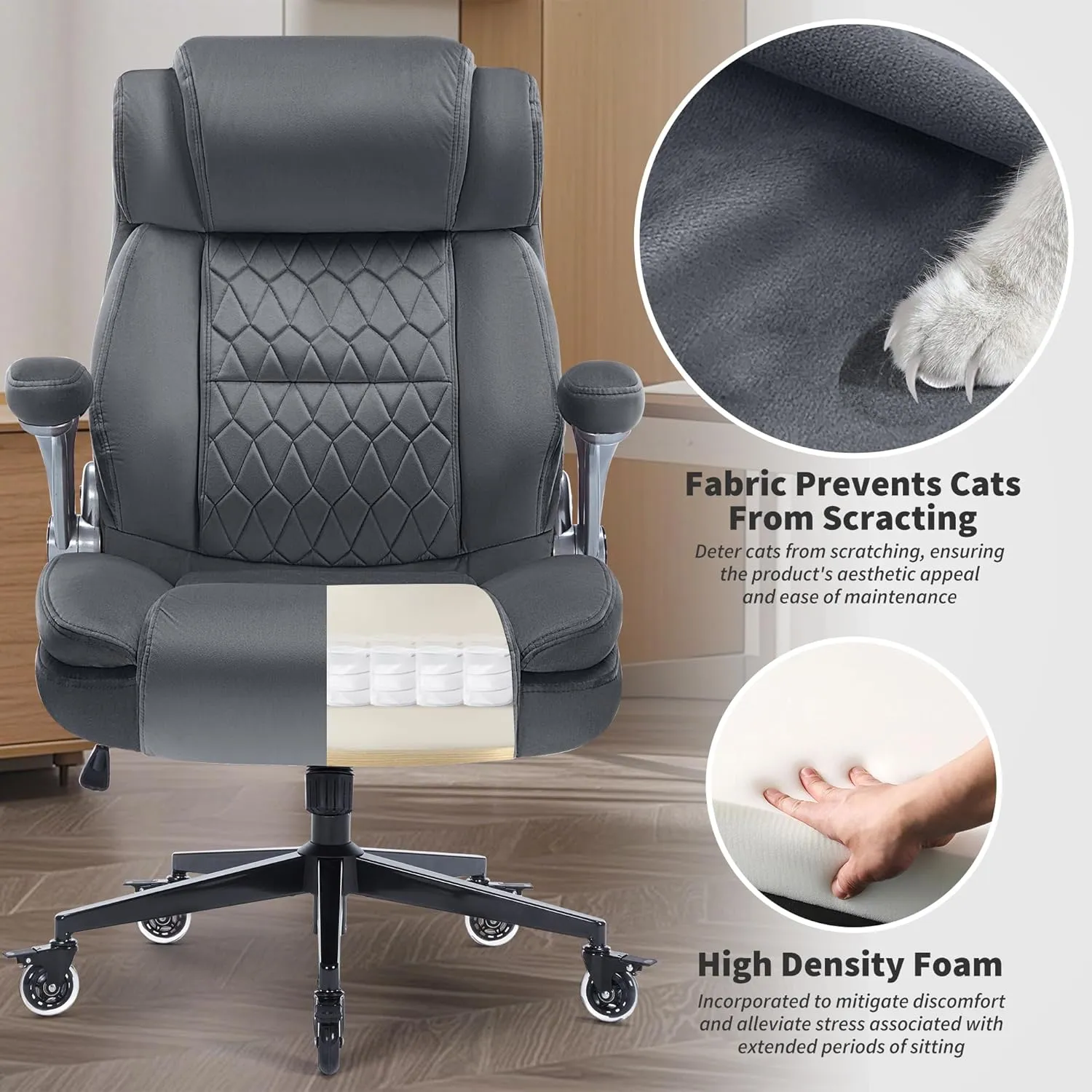 Fabric High Back Office Chair 400lbs-Adjustable Built-in Lumbar Support，Flip Arms, Locking Wheels-Ergonomic Computer Desk Chair with Heavy Duty Base，Thick Padded Large Work Chairs for Adults Men Women
