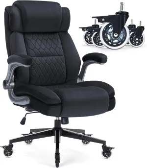 Fabric High Back Office Chair 400lbs-Adjustable Built-in Lumbar Support，Flip Arms, Locking Wheels-Ergonomic Computer Desk Chair with Heavy Duty Base，Thick Padded Large Work Chairs for Adults Men Women