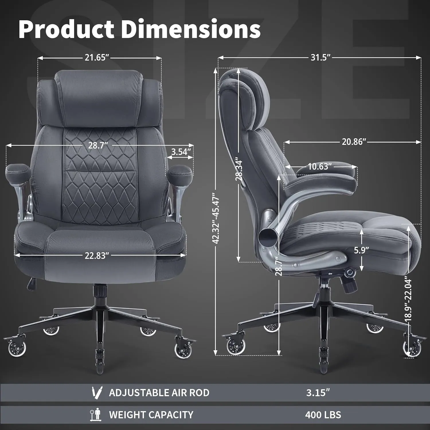 Fabric High Back Office Chair 400lbs-Adjustable Built-in Lumbar Support，Flip Arms, Locking Wheels-Ergonomic Computer Desk Chair with Heavy Duty Base，Thick Padded Large Work Chairs for Adults Men Women