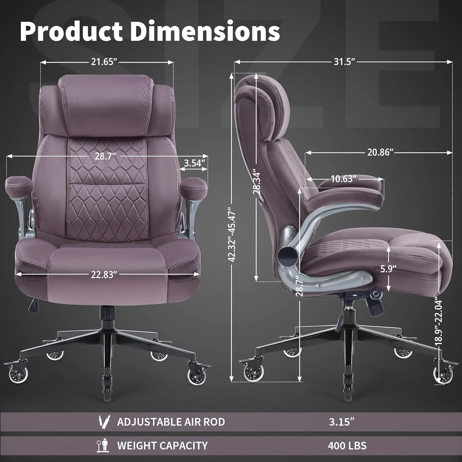 Fabric High Back Office Chair 400lbs-Adjustable Built-in Lumbar Support，Flip Arms, Locking Wheels-Ergonomic Computer Desk Chair with Heavy Duty Base，Thick Padded Large Work Chairs for Adults Men Women