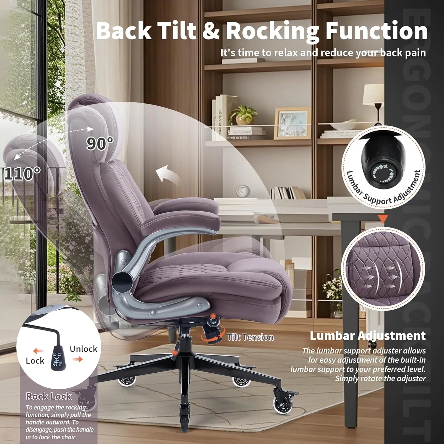 Fabric High Back Office Chair 400lbs-Adjustable Built-in Lumbar Support，Flip Arms, Locking Wheels-Ergonomic Computer Desk Chair with Heavy Duty Base，Thick Padded Large Work Chairs for Adults Men Women