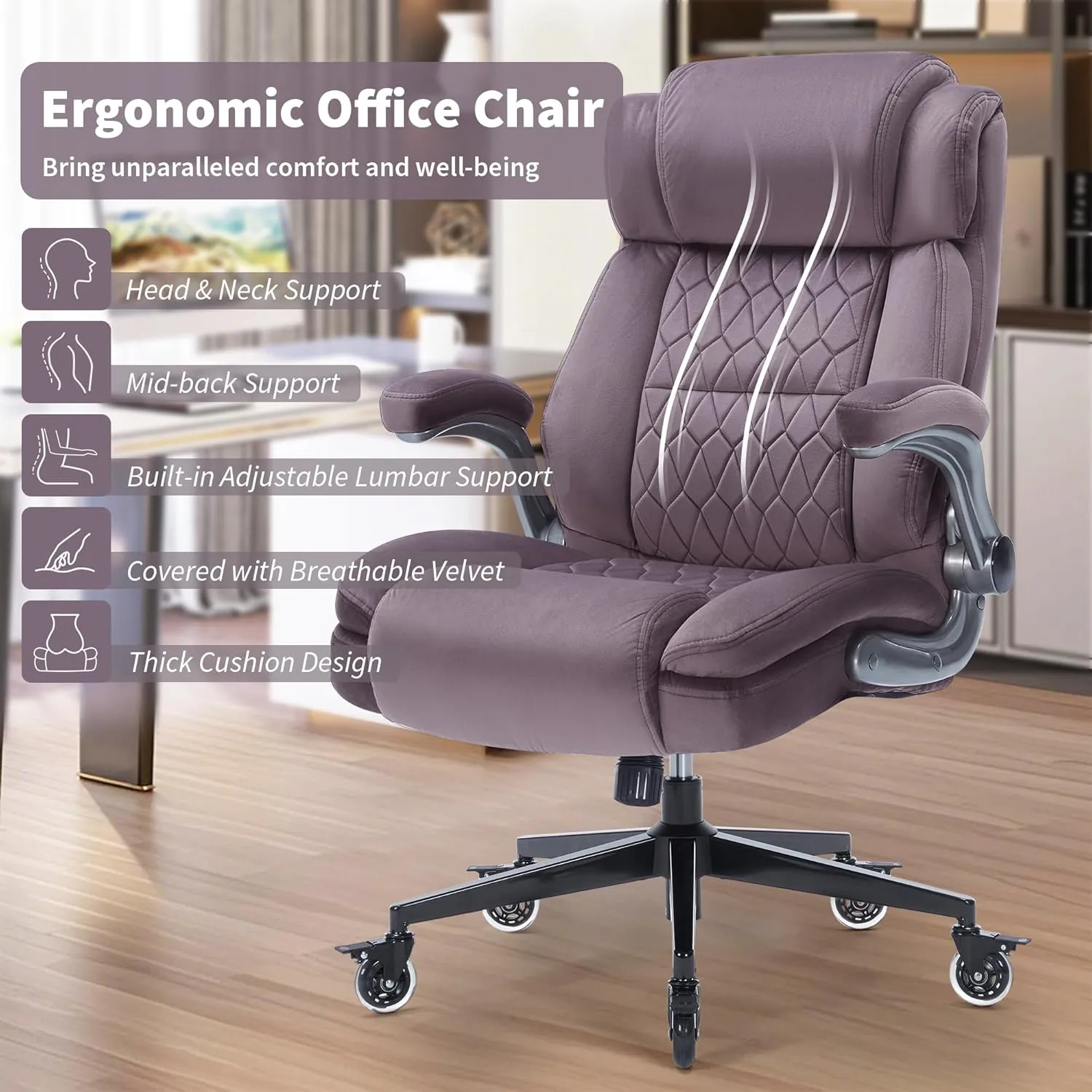 Fabric High Back Office Chair 400lbs-Adjustable Built-in Lumbar Support，Flip Arms, Locking Wheels-Ergonomic Computer Desk Chair with Heavy Duty Base，Thick Padded Large Work Chairs for Adults Men Women