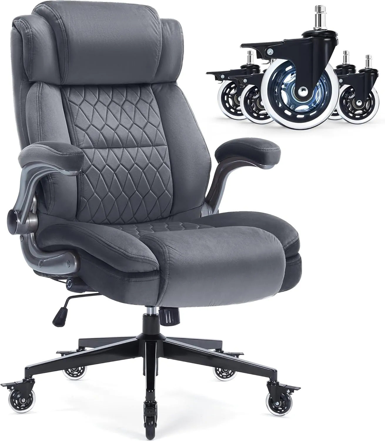 Fabric High Back Office Chair 400lbs-Adjustable Built-in Lumbar Support，Flip Arms, Locking Wheels-Ergonomic Computer Desk Chair with Heavy Duty Base，Thick Padded Large Work Chairs for Adults Men Women