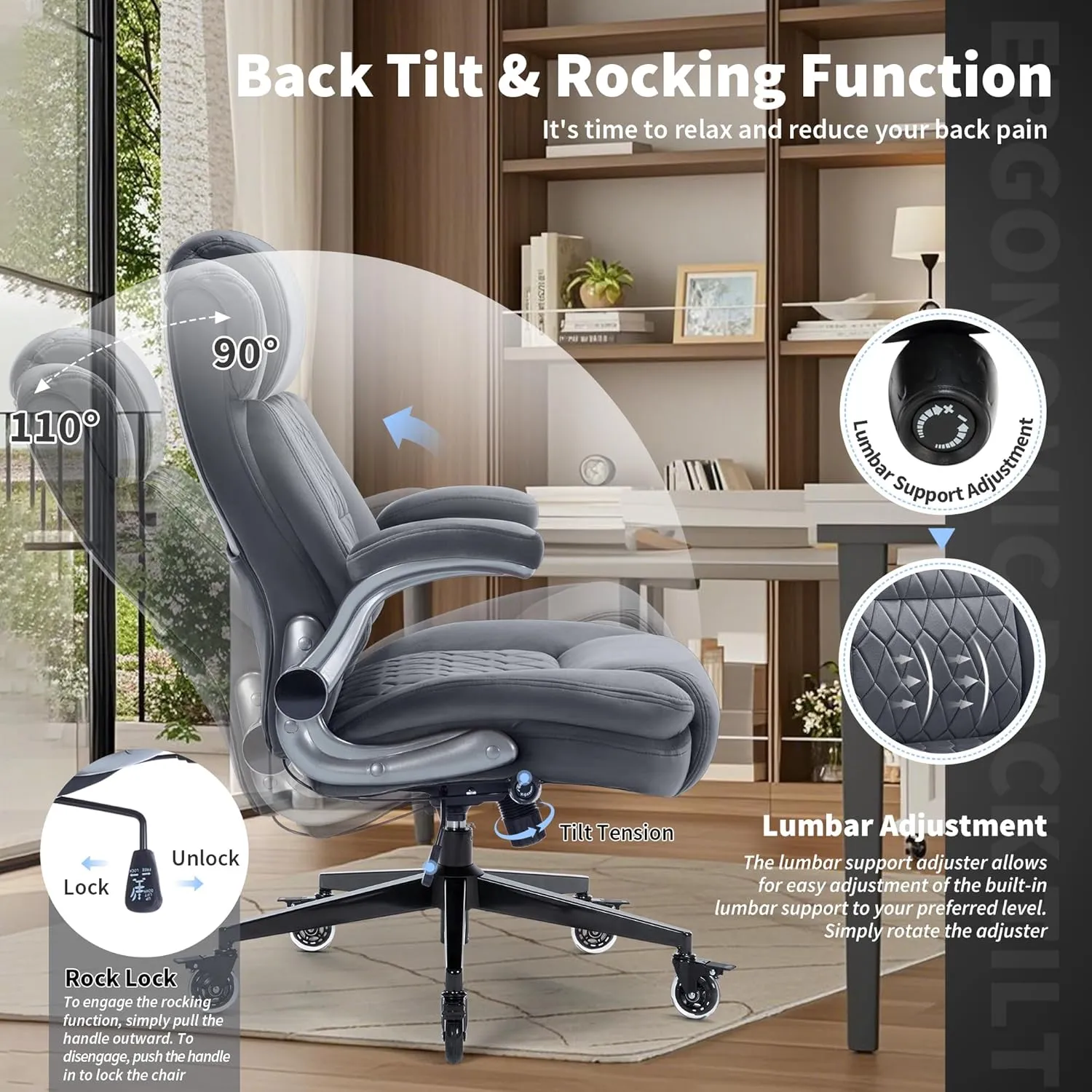Fabric High Back Office Chair 400lbs-Adjustable Built-in Lumbar Support，Flip Arms, Locking Wheels-Ergonomic Computer Desk Chair with Heavy Duty Base，Thick Padded Large Work Chairs for Adults Men Women