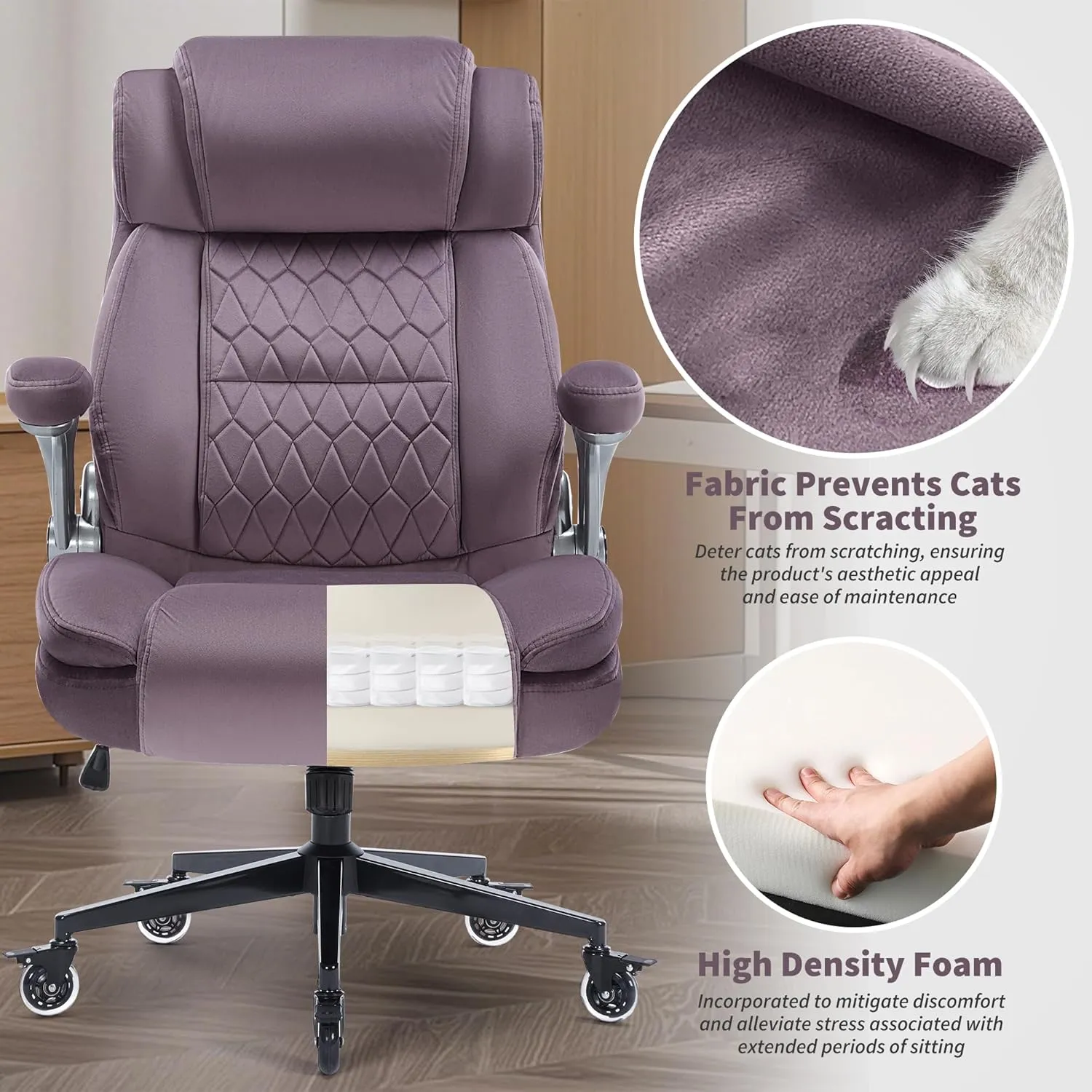 Fabric High Back Office Chair 400lbs-Adjustable Built-in Lumbar Support，Flip Arms, Locking Wheels-Ergonomic Computer Desk Chair with Heavy Duty Base，Thick Padded Large Work Chairs for Adults Men Women