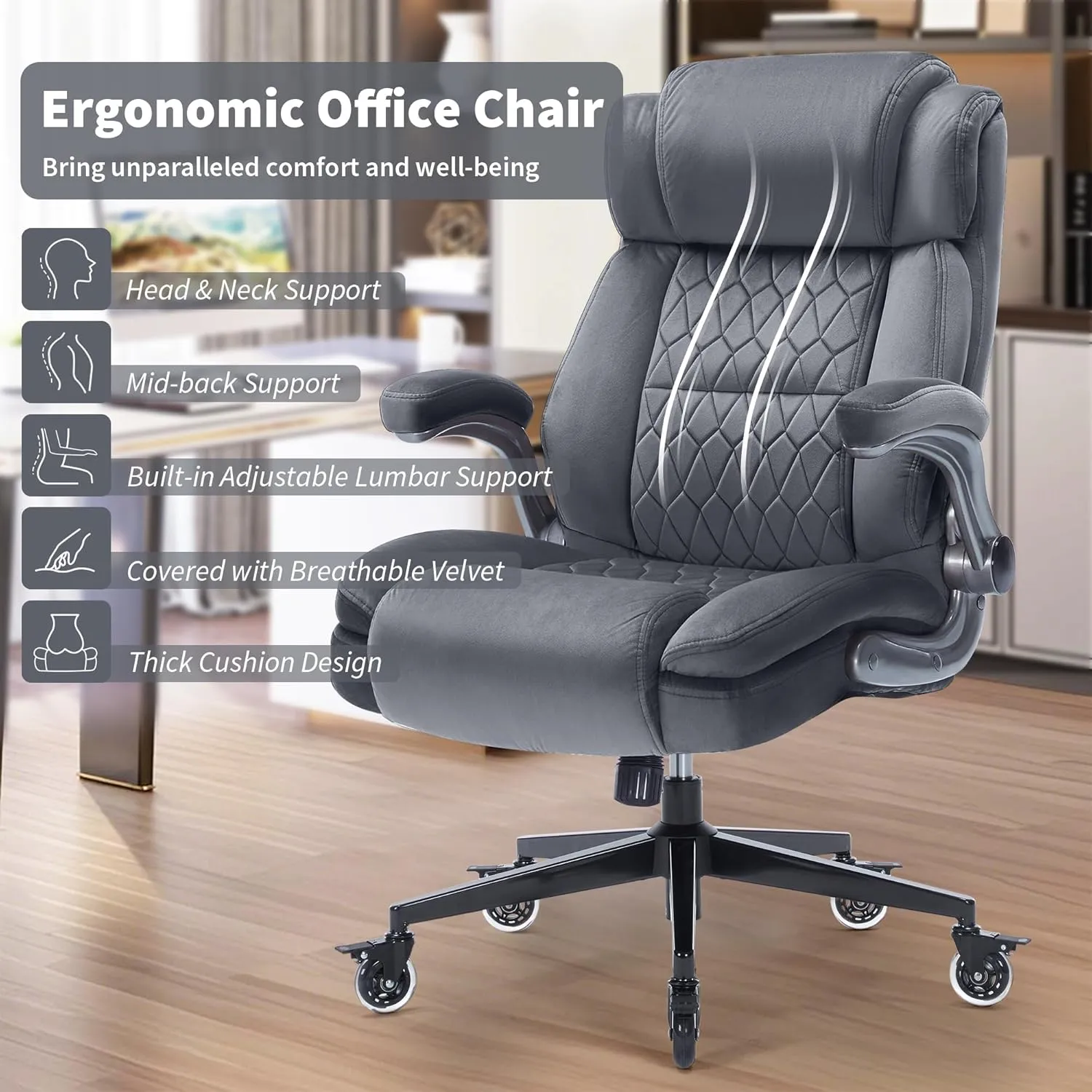Fabric High Back Office Chair 400lbs-Adjustable Built-in Lumbar Support，Flip Arms, Locking Wheels-Ergonomic Computer Desk Chair with Heavy Duty Base，Thick Padded Large Work Chairs for Adults Men Women
