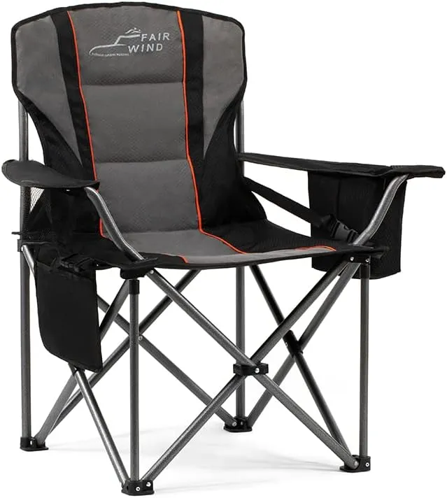 FAIR WIND Oversized Fully Padded Camping Chair with Lumbar Support, Heavy Duty Quad Fold Chair with Cooler Bag, Support 450 LBS, Black