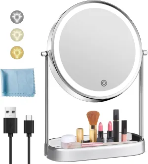 FASCINATE 10X Lighted Makeup Mirror with Storage, Rechargeable Magnifying Mirror with Lights 8", Brightness Adjustable, Double Sided 360°Rotation, Table Vanity Mirror 3 Color with Magnification