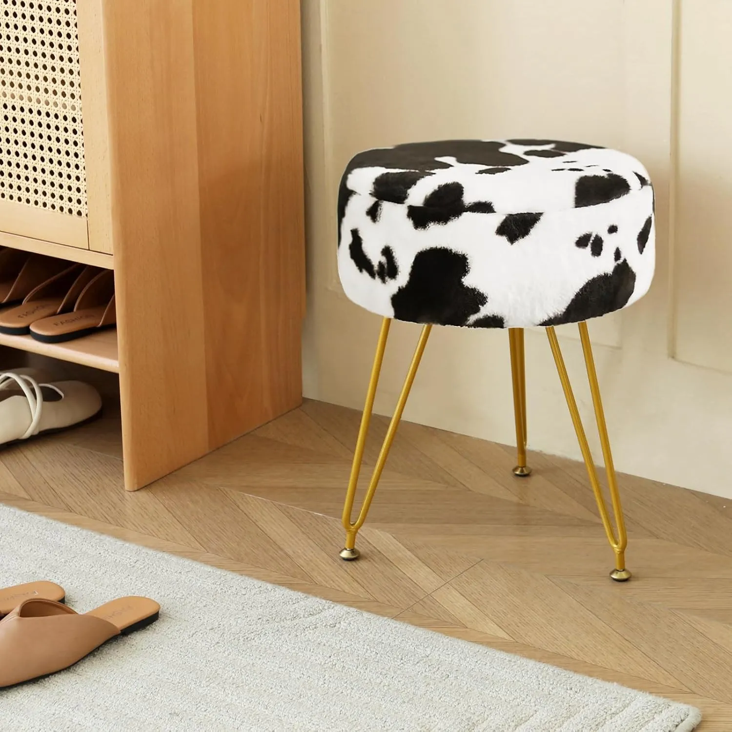 Faux Fur Vanity Stool Chair, Round Makeup Vanity Chair with Adjustable Metal Legs & Soft Padded Seat, Ottoman Foot Stool for Bedroom, Living Room, Entryway, Cow
