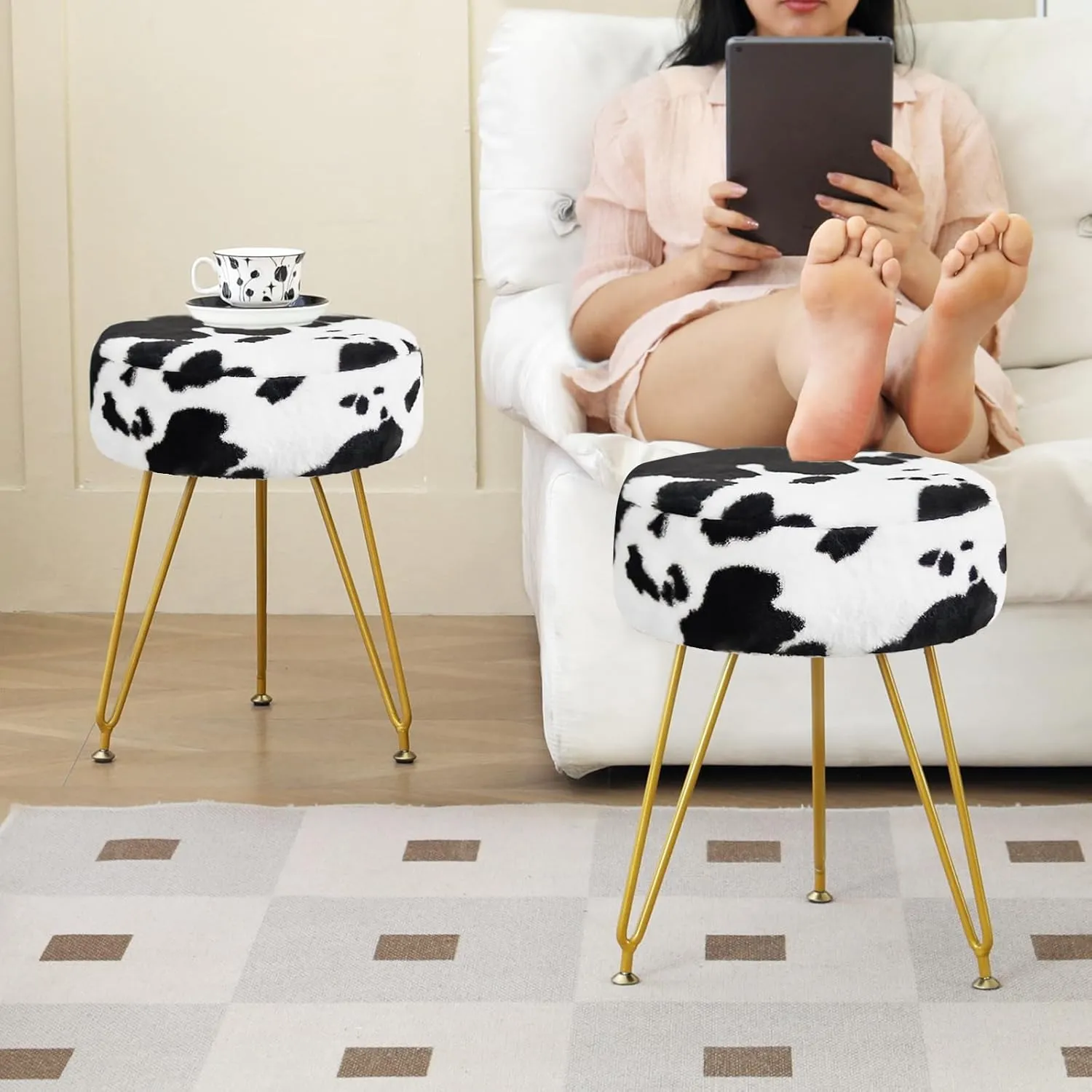 Faux Fur Vanity Stool Chair, Round Makeup Vanity Chair with Adjustable Metal Legs & Soft Padded Seat, Ottoman Foot Stool for Bedroom, Living Room, Entryway, Cow