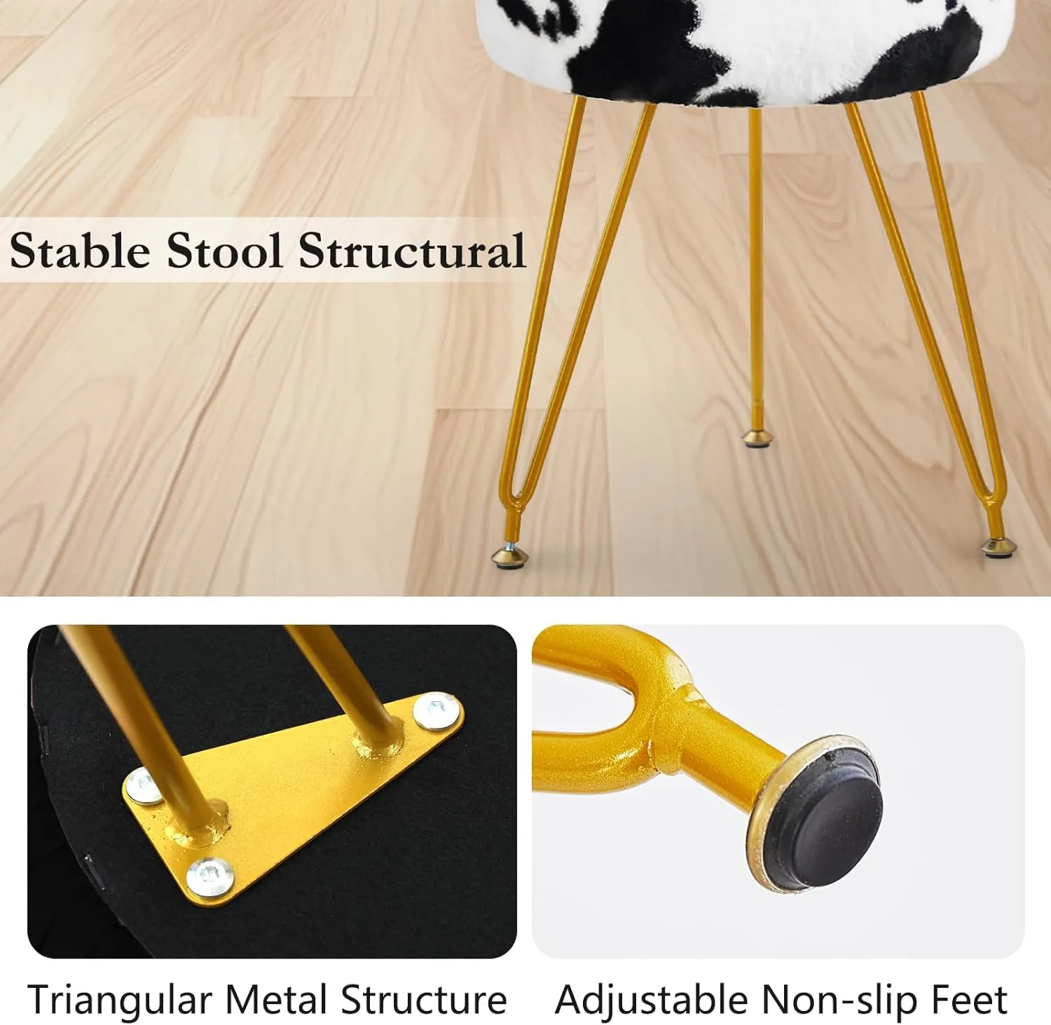 Faux Fur Vanity Stool Chair, Round Makeup Vanity Chair with Adjustable Metal Legs & Soft Padded Seat, Ottoman Foot Stool for Bedroom, Living Room, Entryway, Cow