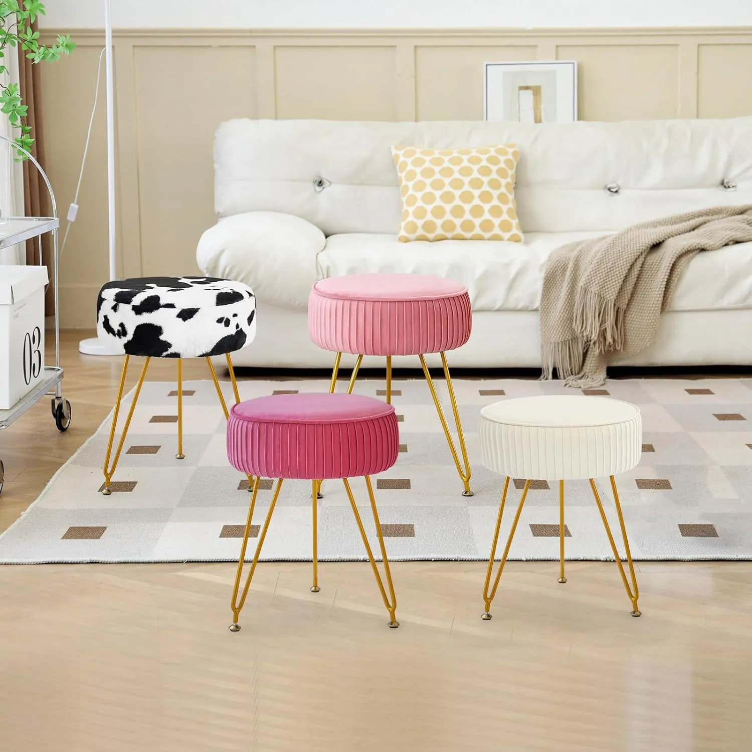 Faux Fur Vanity Stool Chair, Round Makeup Vanity Chair with Adjustable Metal Legs & Soft Padded Seat, Ottoman Foot Stool for Bedroom, Living Room, Entryway, Cow