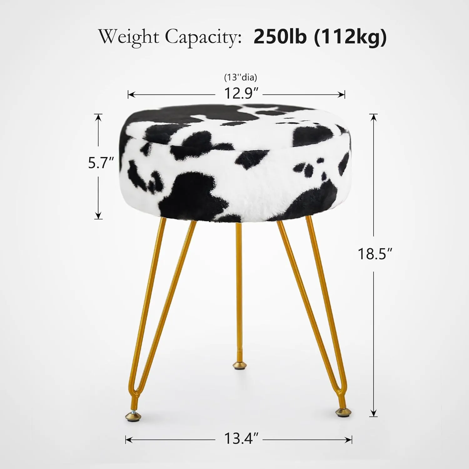 Faux Fur Vanity Stool Chair, Round Makeup Vanity Chair with Adjustable Metal Legs & Soft Padded Seat, Ottoman Foot Stool for Bedroom, Living Room, Entryway, Cow
