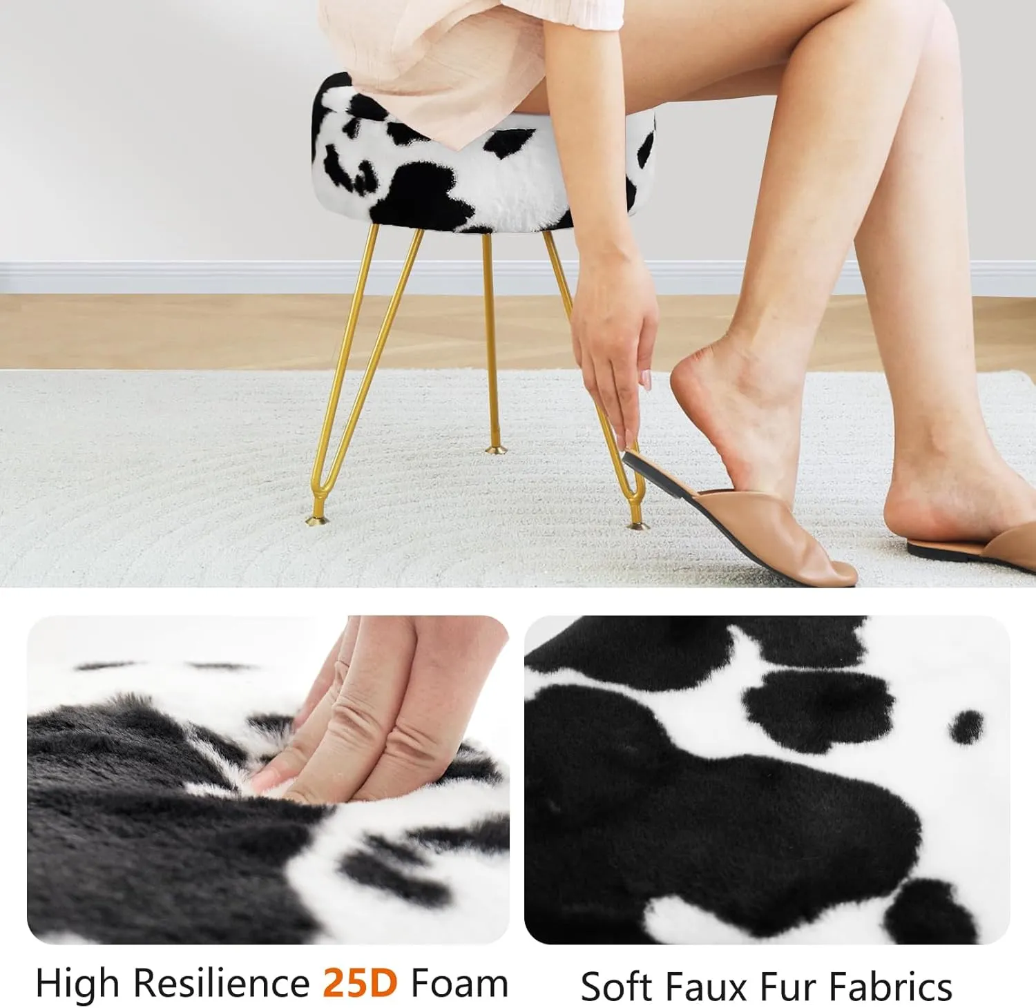 Faux Fur Vanity Stool Chair, Round Makeup Vanity Chair with Adjustable Metal Legs & Soft Padded Seat, Ottoman Foot Stool for Bedroom, Living Room, Entryway, Cow