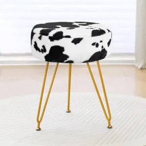 Faux Fur Vanity Stool Chair, Round Makeup Vanity Chair with Adjustable Metal Legs & Soft Padded Seat, Ottoman Foot Stool for Bedroom, Living Room, Entryway, Cow
