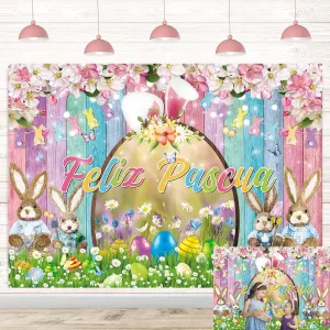 Feliz Pascua Banner Spanish Easter Backdrop Bunny Egg Grassland Colorful Wood Photography Backdrop for Spring Easter Party Decorations Photo Booth Props (6x4FT(72 x 48inch))