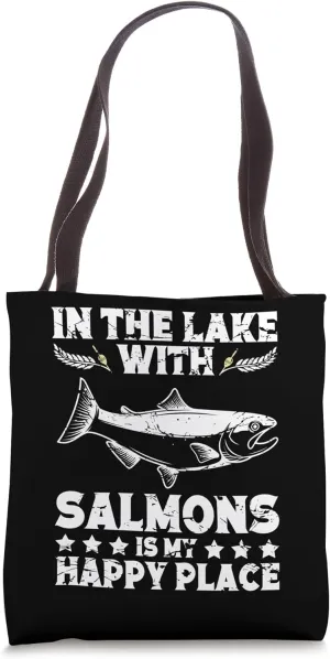 Fisherman, in the Lake with Salmons Happy Pace Fishing Tote Bag