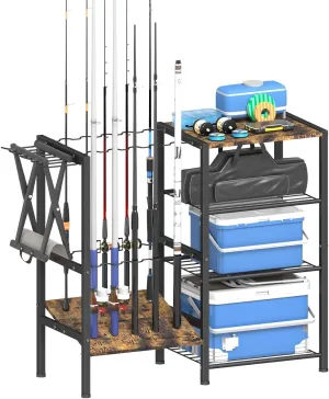 Fishing Rod Holders for Garage, Fishing Pole Holder Stand with Multifunctional Hook, 4 Tier Fishing Gear Equipment Organizers Rack, Fits Most Rods of 1.58" for Home Entryway Corner