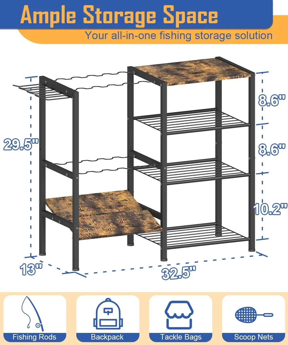 Fishing Rod Holders for Garage, Fishing Pole Holder Stand with Multifunctional Hook, 4 Tier Fishing Gear Equipment Organizers Rack, Fits Most Rods of 1.58" for Home Entryway Corner