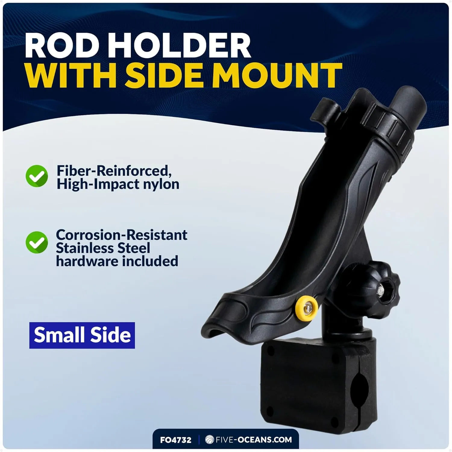 Five Oceans Rail Mount Fishing Rod Holder with Locking Mechanism & Hook Keeper, Black, Heavy-Duty ABS, Fiberglass-Reinforced