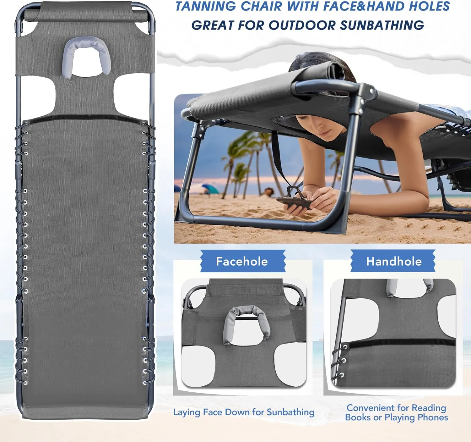 Flamaker Face Down Chaise Lounge Chair 5-Position Adjustable Sunbathing, Foldable Tanning Chair with Face& Arm Holes, Outdoor Recliner Chair for Pool, Beach, Patio, Lawn (Grey, 1 Pcs)