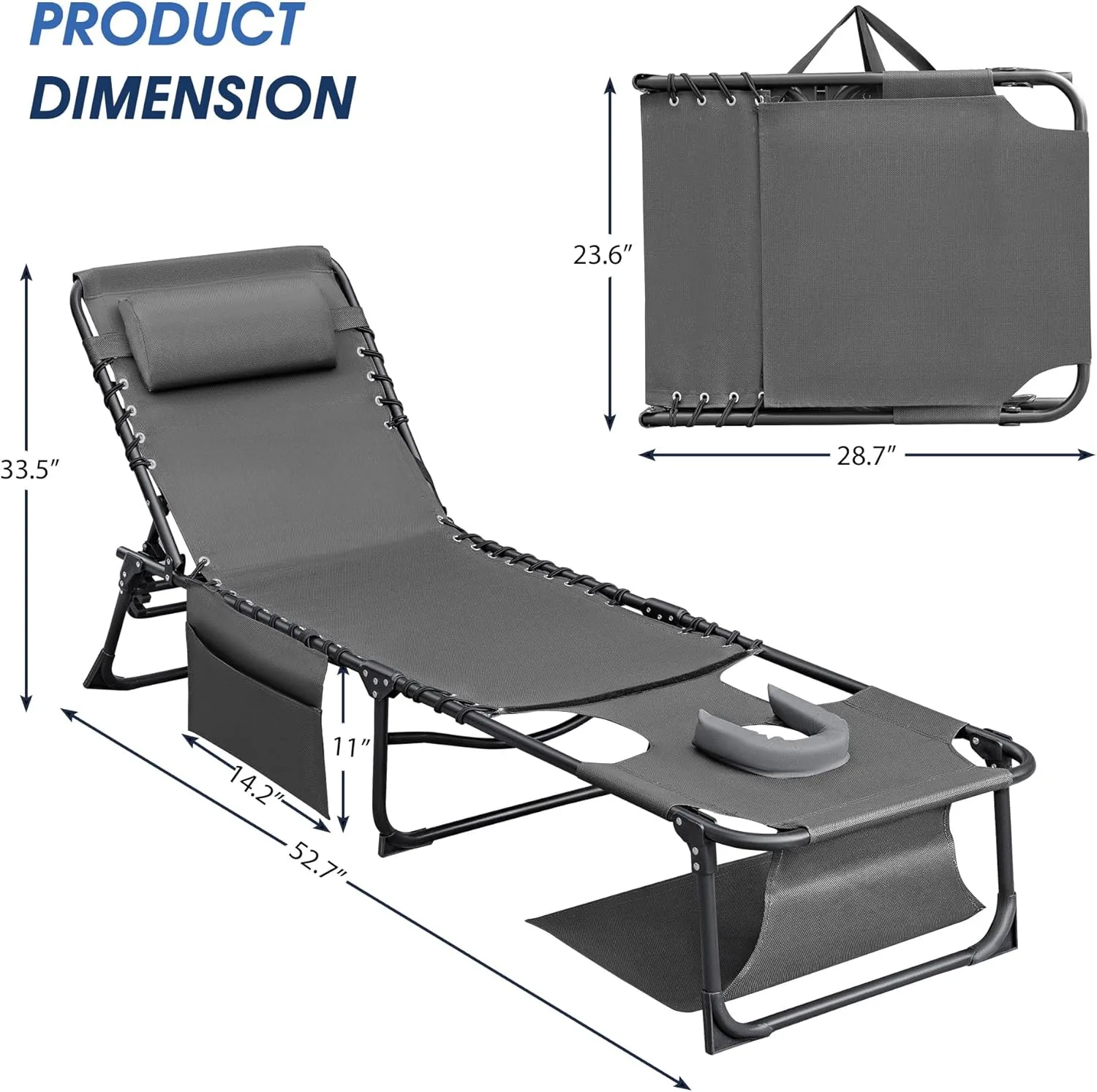 Flamaker Face Down Chaise Lounge Chair 5-Position Adjustable Sunbathing, Foldable Tanning Chair with Face& Arm Holes, Outdoor Recliner Chair for Pool, Beach, Patio, Lawn (Grey, 1 Pcs)