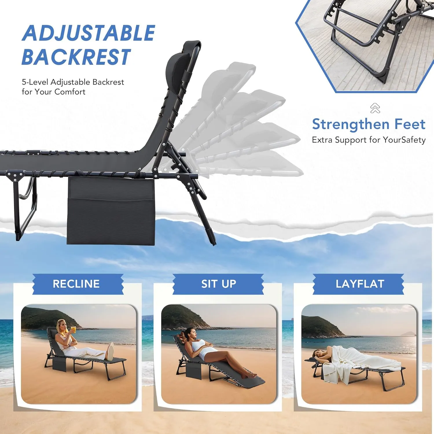 Flamaker Face Down Chaise Lounge Chair 5-Position Adjustable Sunbathing, Foldable Tanning Chair with Face& Arm Holes, Outdoor Recliner Chair for Pool, Beach, Patio, Lawn (Grey, 1 Pcs)