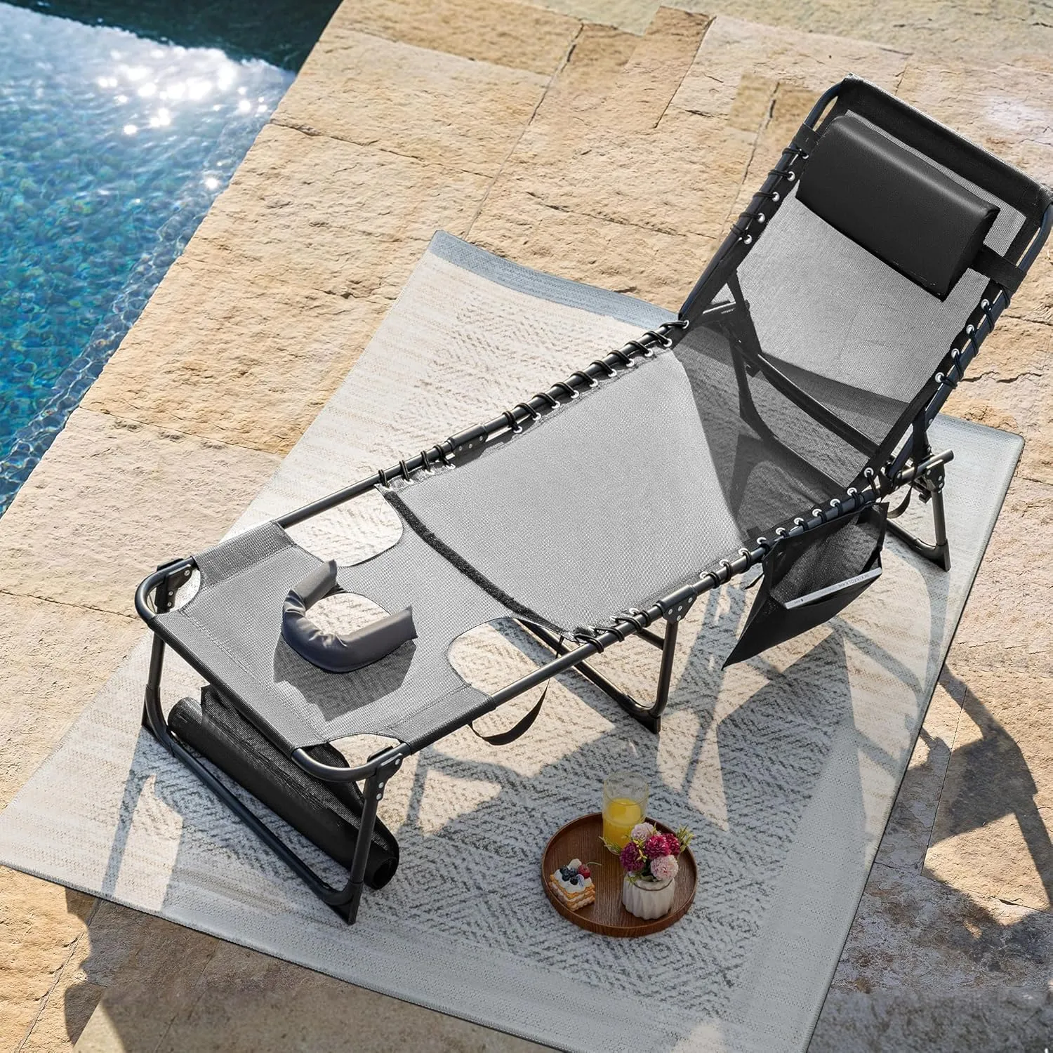 Flamaker Face Down Chaise Lounge Chair 5-Position Adjustable Sunbathing, Foldable Tanning Chair with Face& Arm Holes, Outdoor Recliner Chair for Pool, Beach, Patio, Lawn (Grey, 1 Pcs)