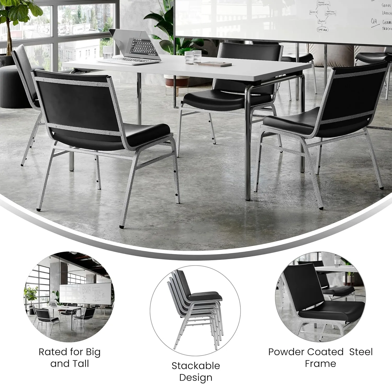 Flash Furniture Hercules Series Big & Tall 1000 lb. Rated Black Vinyl Stack Chair with Ganging Bracket