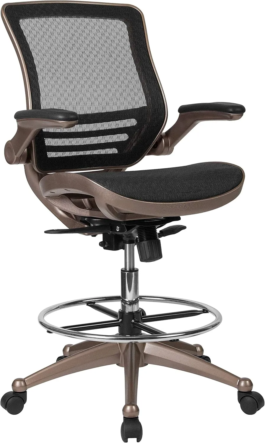 Flash Furniture Waylon Mid-Back Swivel Office Chair with Adjustable Foot Ring and Seat Height, Ergonomic Mesh Chair with Armrests, Black/Gold