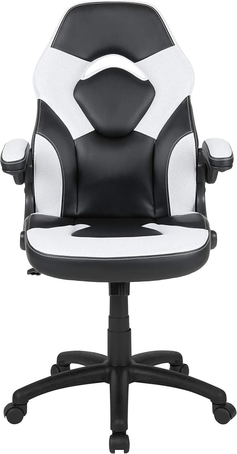 Flash Furniture X10 High-Back LeatherSoft Racing Style Gaming Chair with Flip-Up Arms, Ergonomic Padded Swivel Computer Chair, White/Black