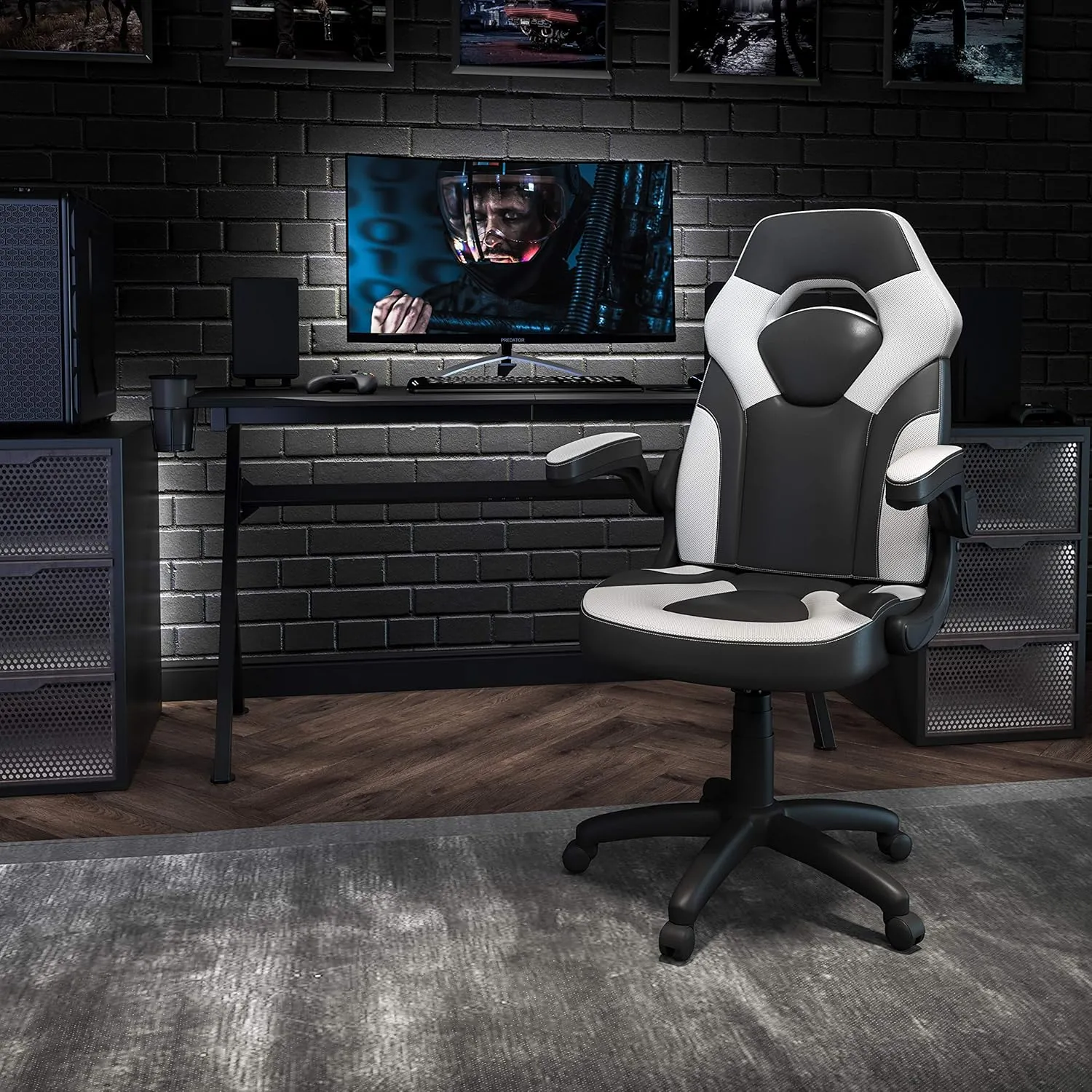 Flash Furniture X10 High-Back LeatherSoft Racing Style Gaming Chair with Flip-Up Arms, Ergonomic Padded Swivel Computer Chair, White/Black