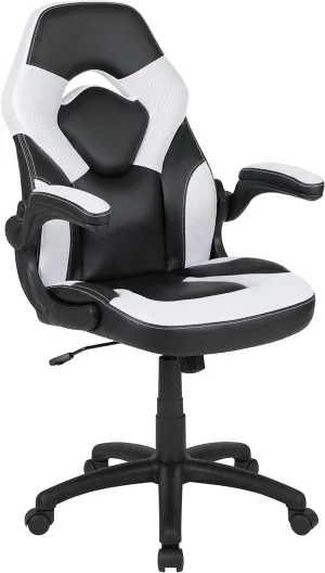 Flash Furniture X10 High-Back LeatherSoft Racing Style Gaming Chair with Flip-Up Arms, Ergonomic Padded Swivel Computer Chair, White/Black