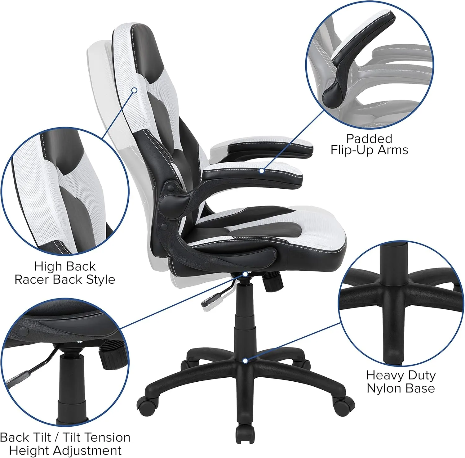 Flash Furniture X10 High-Back LeatherSoft Racing Style Gaming Chair with Flip-Up Arms, Ergonomic Padded Swivel Computer Chair, White/Black