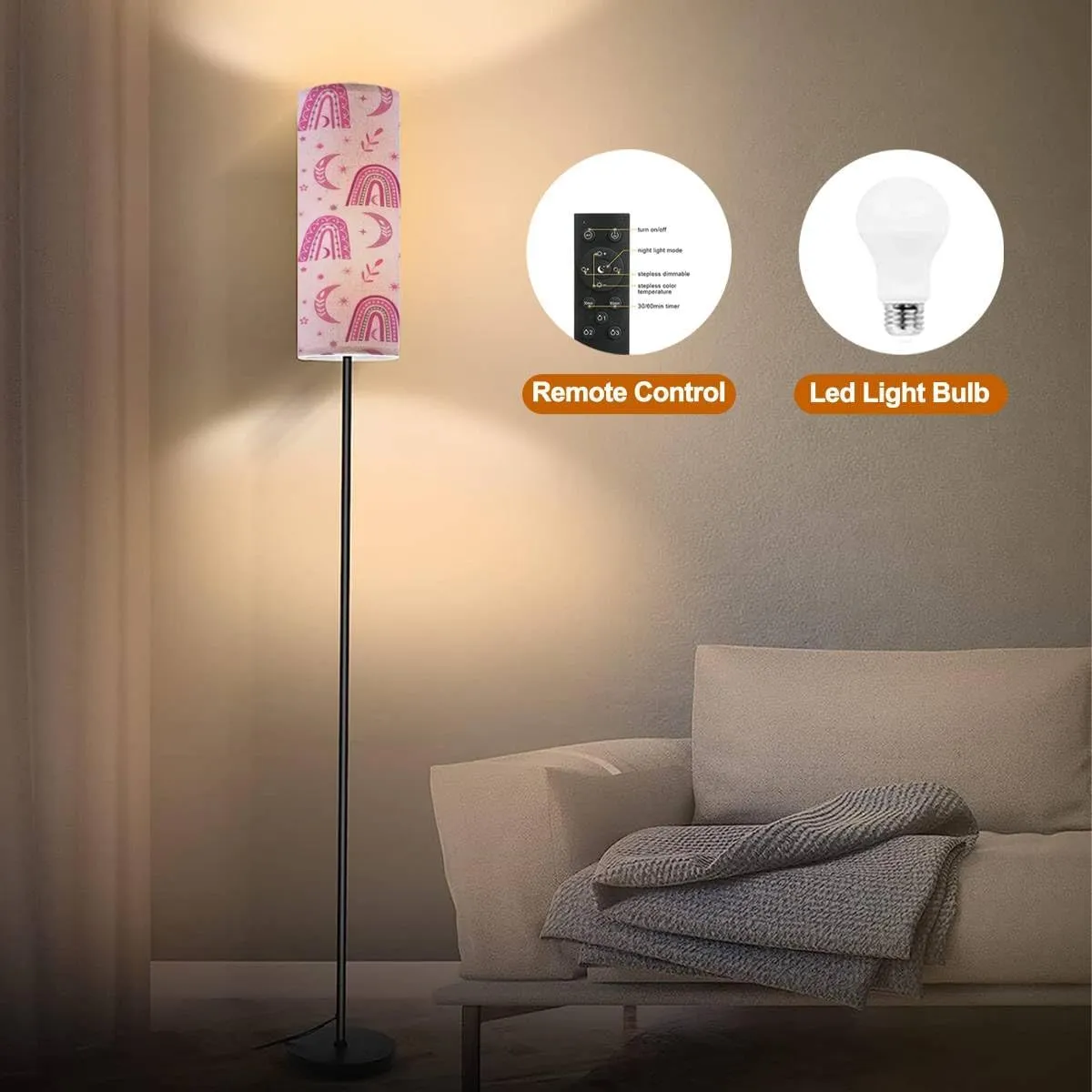 Floor Lamp for Living Room Pink Boho Rainbow Seamless Boho Moon Leaves Stars Fuchsia Plush Pink Modern Standing Lamp Remote Control Dimmable Pole Lamp Corner Tall Lamp for Office Bedroom Reading