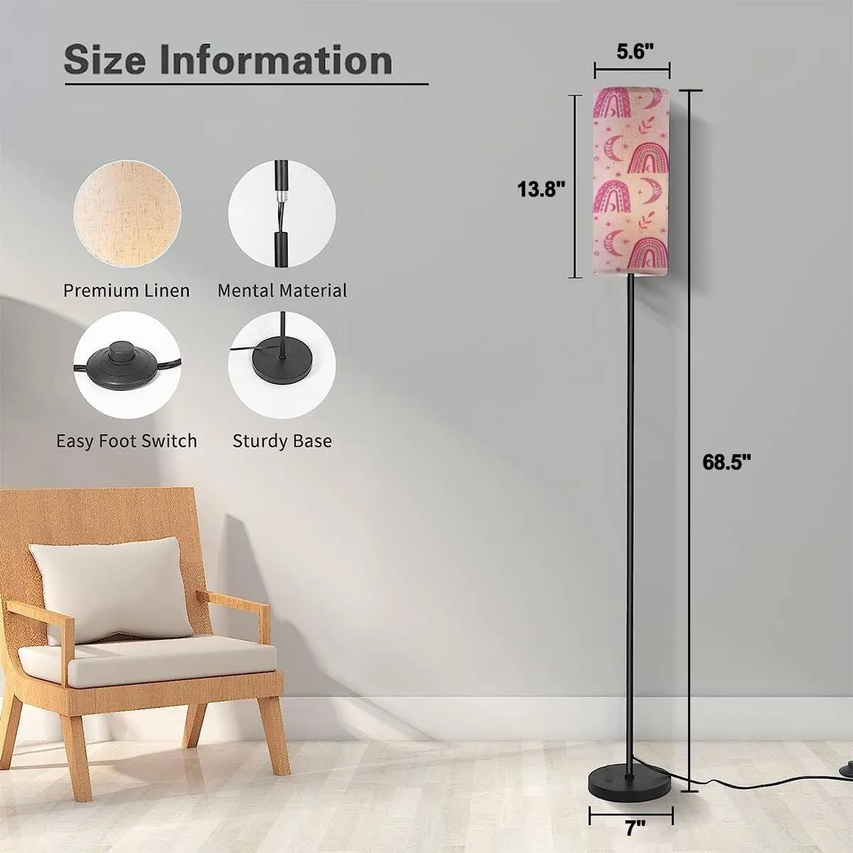 Floor Lamp for Living Room Pink Boho Rainbow Seamless Boho Moon Leaves Stars Fuchsia Plush Pink Modern Standing Lamp Remote Control Dimmable Pole Lamp Corner Tall Lamp for Office Bedroom Reading