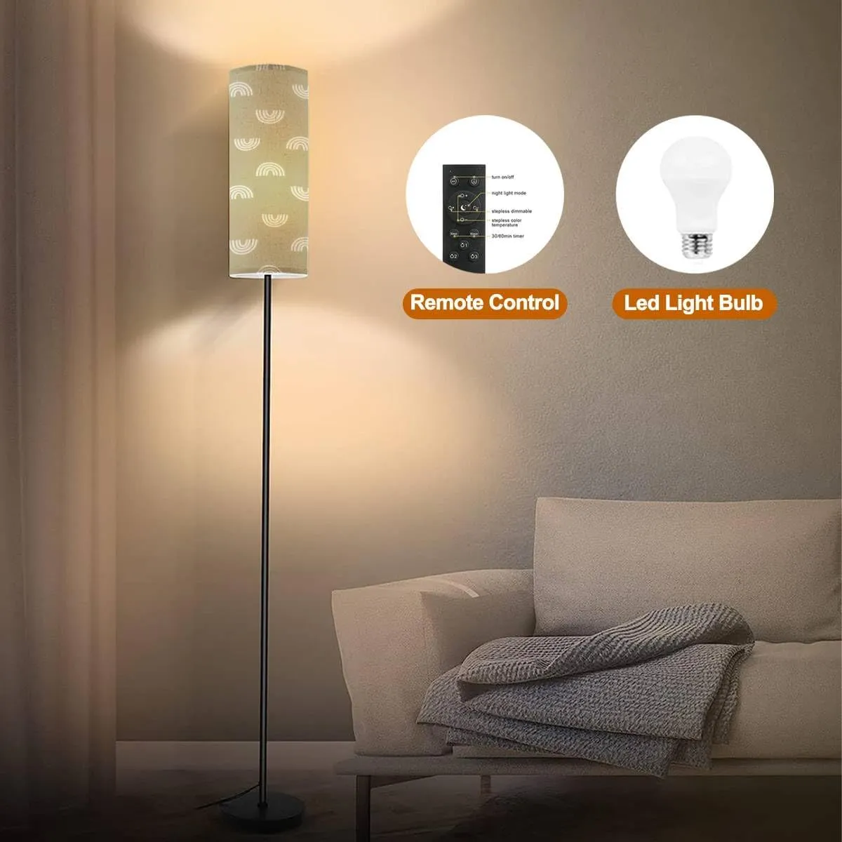 Floor Lamp for Living Room Seamless Cute Boho Rainbows Modern Standing Lamp Remote Control Dimmable Pole Lamp Corner Tall Lamp for Office Bedroom Reading