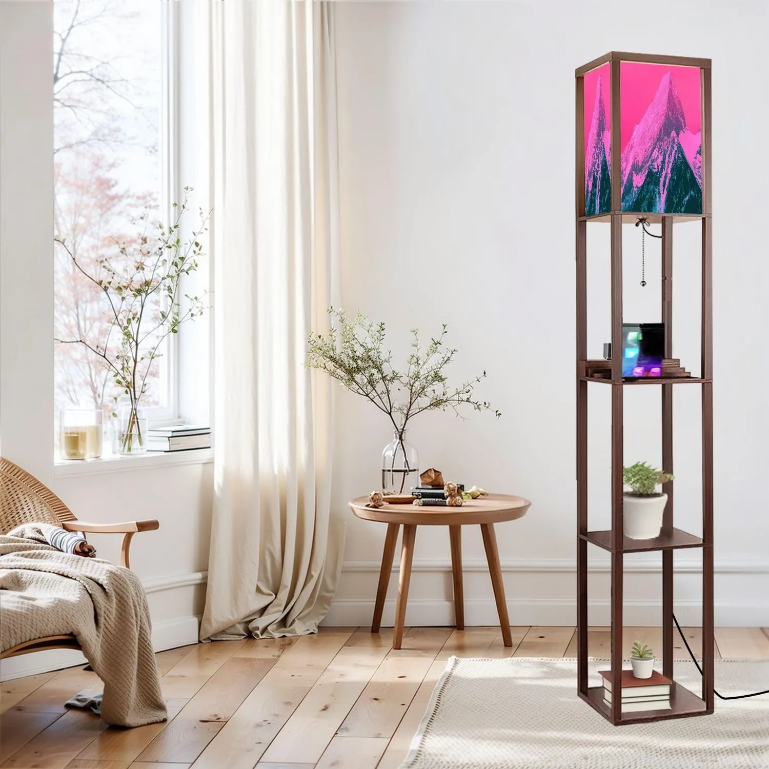 Floor Lamp with Shelves Beautiful mystic Himalayan mountains sunset landscape alpine morning Standing Tall Lamp USB Ports & Power Outlet Modern Corner Lamp Nightstand Light for Living Room Bedroom